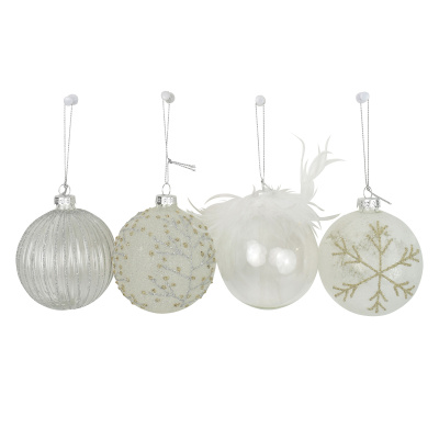 4er Set Weihnachtskugeln silber weiß Glas 8cm