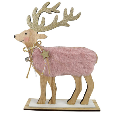 Hirsch Figur stehend aus Holz mit Rosa Fell 32 cm