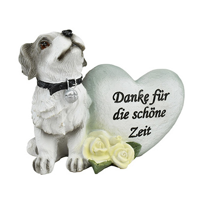 Wei&szlig;e Grabfigur Hund mit Herz in Stein-Optik 13 x 10 x 8 cm