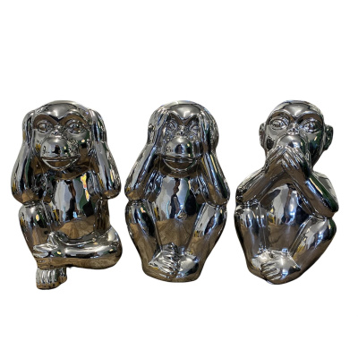 Die DREI Weisen Affen Silber Keramik 24cm Gl&uuml;cksbringer Skulptur