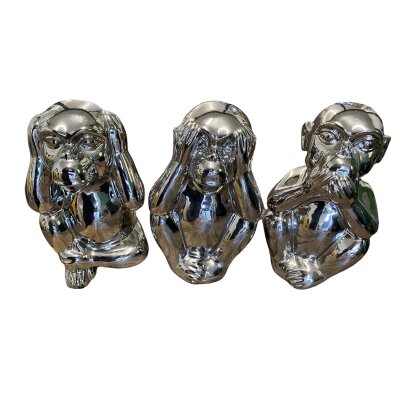 CHICCIE Die DREI Weisen Affen Silber Keramik 24cm - Gl&uuml;cksbringer Skulptur