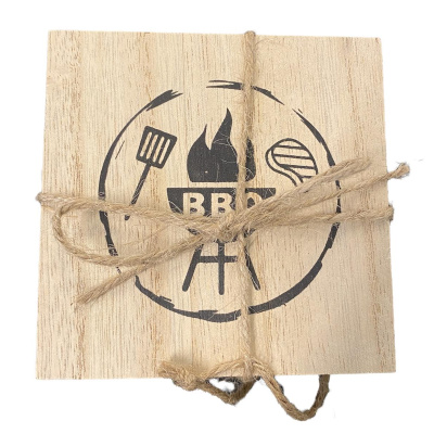 4er Set BBQ Glas-Untersetzer mit Motiv f&uuml;r Grillen aus Holz 10 cm