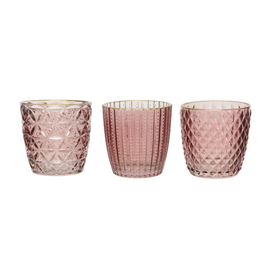 3 Set Teelichthalter Glas Rosa 8x8cm Windlicht Kerzenhalter