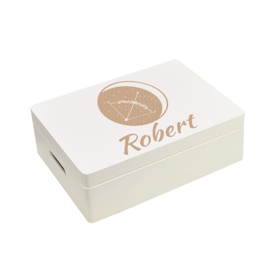 Aufbewahrungsbox Sternzeichen Schütze mit Name 40x30x14cm Weiß Holzbox