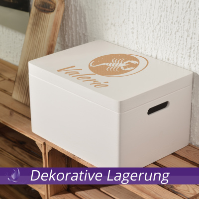 Aufbewahrungsbox Sternzeichen Sch&uuml;tze mit Name 40x30x14cm Wei&szlig; Holzbox