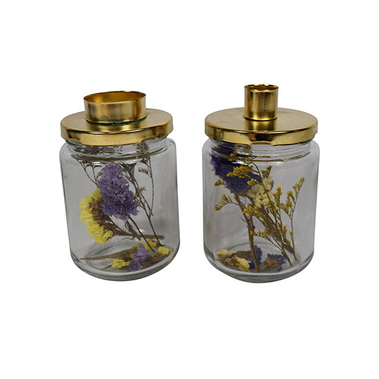 Kerzenhalter mit Trockenblumen Glas breit 8x8x13cm Fr&uuml;hling Tischdeko