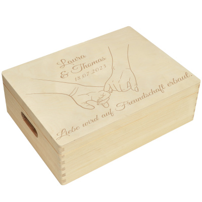 Holzbox Personalisiert zur Hochzeit H&auml;nde 40x30x14cm Natur Schatztruhe