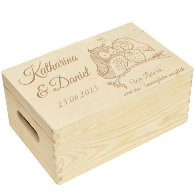 Holzbox zur Hochzeit Personalisiert Eulenpaar Erinnerungsbox Schatztruhe