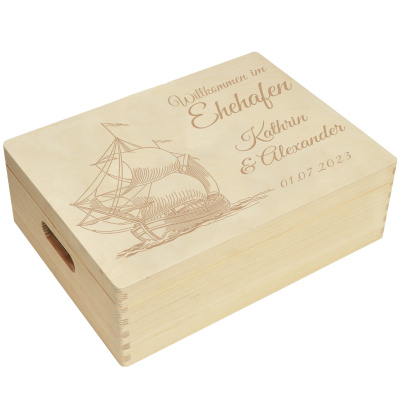 Maritime Holzbox Personalisiert zur Hochzeit Ehehafen 40x30x14cm Natur