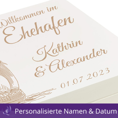 Maritime Holzbox Personalisiert zur Hochzeit Ehehafen 40x30x14cm Natur
