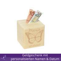 CHICCIE Spardose Personalisiert zur Geburt Schmetterling Name & Datum 10x10cm