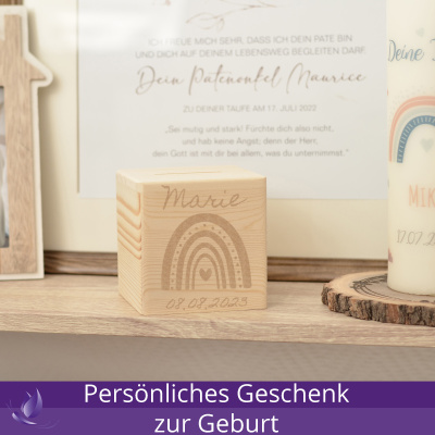 CHICCIE Spardose Personalisiert zur Geburt Name &amp; Datum Regenbogen 10x10cm Holz