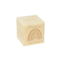 CHICCIE Spardose Personalisiert zur Geburt Name & Datum Regenbogen 10x10cm Holz