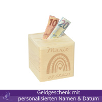 CHICCIE Spardose Personalisiert zur Geburt Name & Datum Regenbogen 10x10cm Holz