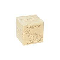 CHICCIE Spardose Personalisiert zur Geburt Dino Name & Datum 10x10cm Holz