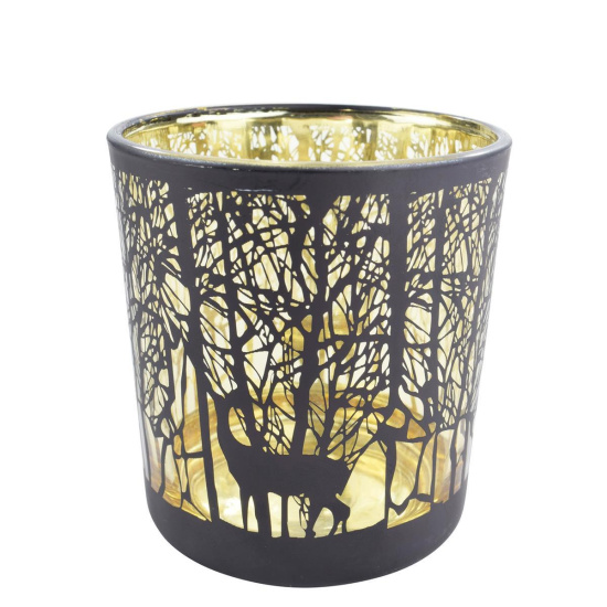 Windlicht mit Rentieren aus Glas schwarz gold...