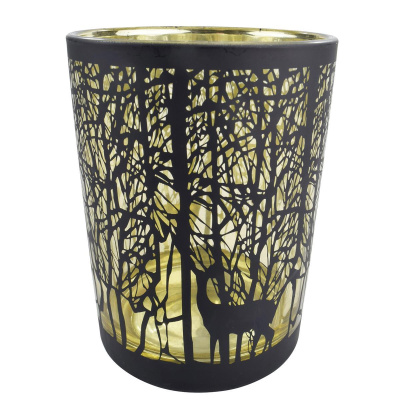 Windlicht mit Rentieren aus Glas schwarz gold Winterdekoration