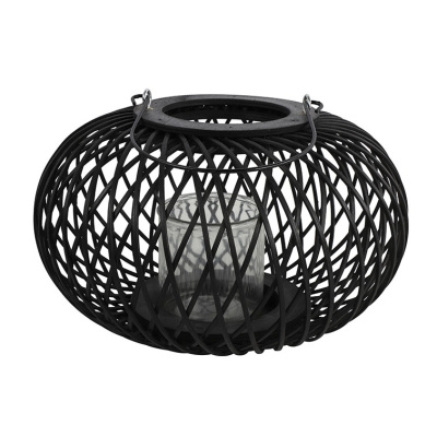Windlicht Schwarz Bambus Streifen mit Griff Tief Breit 32 x 20 cm onl