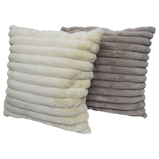 2er Set Flauschiges Pl&uuml;sch Kissen Beige Grau Flanell mit Streifen 45 cm