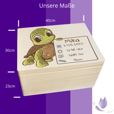 Erinnerungsbox personalisiert f&uuml;r Baby &amp; Kind Schildkr&ouml;te Druck farbig Geburt Holzkiste Erinnerungskiste 40x30x23cm