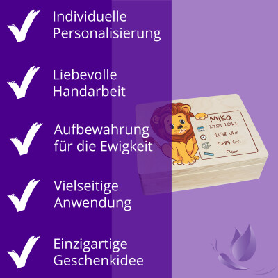 Erinnerungsbox personalisiert f&uuml;r Baby &amp; Kind L&ouml;we Druck farbig Geburt Holzkiste Erinnerungskiste 40x30x14cm Klein