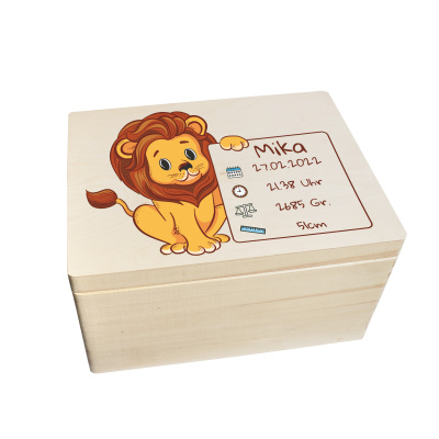 Erinnerungsbox personalisiert f&uuml;r Baby &amp; Kind L&ouml;we Druck farbig Geburt Holzkiste Erinnerungskiste