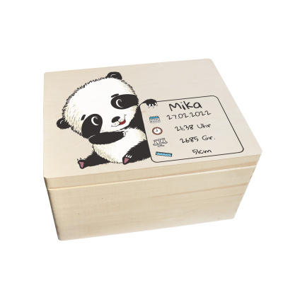 Erinnerungsbox personalisiert f&uuml;r Baby &amp; Kind Panda Druck farbig Geburt Holzkiste Erinnerungskiste