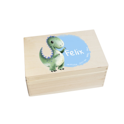 Erinnerungsbox personalisiert f&uuml;r Baby &amp; Kind Dino Aquarell Druck farbig Geburt Holzkiste Erinnerungskiste 30x20x14cm Klein