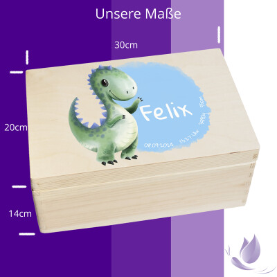 Erinnerungsbox personalisiert f&uuml;r Baby &amp; Kind Dino Aquarell Druck farbig Geburt Holzkiste Erinnerungskiste 30x20x14cm Klein