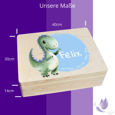 Erinnerungsbox personalisiert f&uuml;r Baby &amp; Kind Dino Aquarell Geburt Holzkiste Erinnerungskiste 40x30x14cm Klein