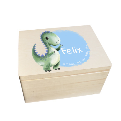 Erinnerungsbox personalisiert f&uuml;r Baby &amp; Kind Dino Aquarell Geburt Holzkiste Erinnerungskiste 40x30x23cm