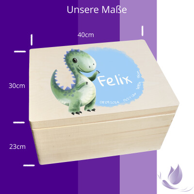 Erinnerungsbox personalisiert f&uuml;r Baby &amp; Kind Dino Aquarell Geburt Holzkiste Erinnerungskiste 40x30x23cm