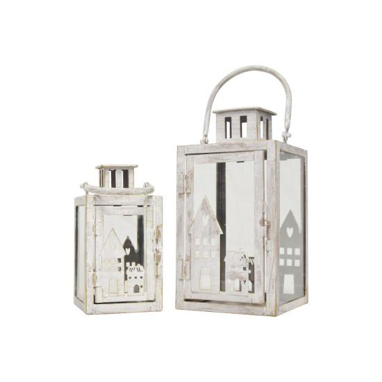 2er Set Laterne Retro Shabby chic Weiß Glas mit Haus Motiv
