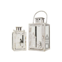 2er Set Laterne Retro Shabby chic Weiß Glas mit Haus Motiv