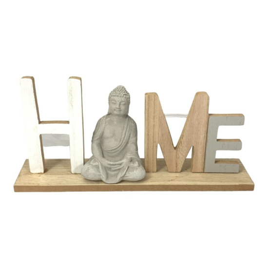 Natur Aufsteller Home mit Buddha Figur aus Holz in Weiß Braun Grau