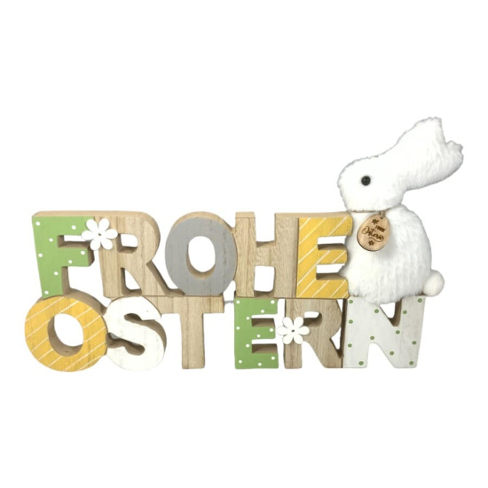 Natur Schriftzug Frohe Ostern mit Flauschhase aus Holz in...