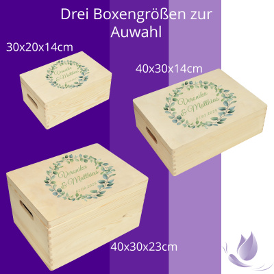 CHICCIE Erinnerungsbox personalisiert zur Hochzeit Druck farbig Eukalyptus Kranz - Hochzeitstag Holzkiste f&uuml;r Erinnerungen Erinnerungskiste