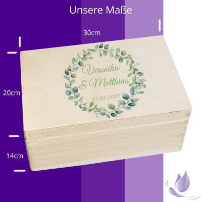 CHICCIE Erinnerungsbox personalisiert zur Hochzeit Druck farbig Eukalyptus Kranz - Hochzeitstag Holzkiste f&uuml;r Erinnerungen Erinnerungskiste