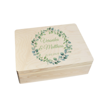 CHICCIE Erinnerungsbox personalisiert zur Hochzeit Druck farbig Eukalyptus Kranz - Hochzeitstag Holzkiste f&uuml;r Erinnerungen Erinnerungskiste