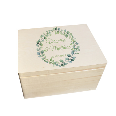 CHICCIE Erinnerungsbox personalisiert zur Hochzeit Druck farbig Eukalyptus Kranz - Hochzeitstag Holzkiste f&uuml;r Erinnerungen Erinnerungskiste