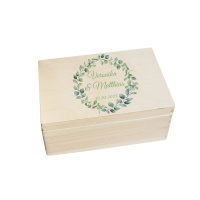 CHICCIE Erinnerungsbox personalisiert zur Hochzeit Druck farbig Eukalyptus Kranz - Hochzeitstag Holzkiste für Erinnerungen Erinnerungskiste