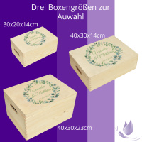 CHICCIE Erinnerungsbox personalisiert zur Hochzeit Druck farbig Eukalyptus Kranz - Hochzeitstag Holzkiste für Erinnerungen Erinnerungskiste