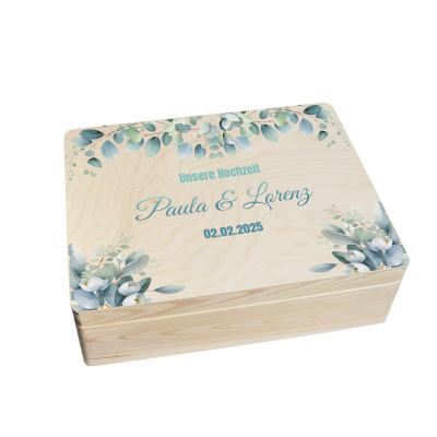 CHICCIE Erinnerungsbox personalisiert zur Hochzeit mit Druck farbig Eukalyptus Rahmen - Hochzeitstag Holzkiste Erinnerungen Erinnerungskiste