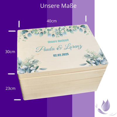 CHICCIE Erinnerungsbox personalisiert zur Hochzeit mit Druck farbig Eukalyptus Rahmen - Hochzeitstag Holzkiste Erinnerungen Erinnerungskiste