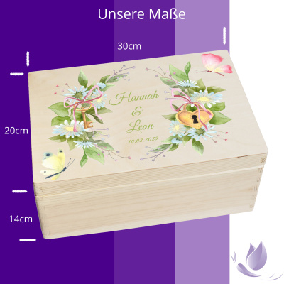 CHICCIE Erinnerungsbox personalisiert zur Hochzeit mit Druck farbig Kranz Blumen Schmetterling Schloss &amp; Schl&uuml;ssel - Hochzeitstag Holzkiste Erinnerungen Erinnerungskiste