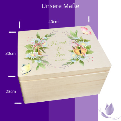 CHICCIE Erinnerungsbox personalisiert zur Hochzeit mit Druck farbig Kranz Blumen Schmetterling Schloss &amp; Schl&uuml;ssel - Hochzeitstag Holzkiste Erinnerungen Erinnerungskiste