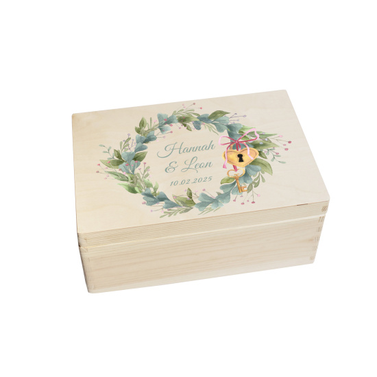 CHICCIE Erinnerungsbox personalisiert zur Hochzeit mit Druck farbig Kranz Blumen Grün Schloss & Schlüssel - Hochzeitstag Holzkiste Erinnerungen Erinnerungskiste