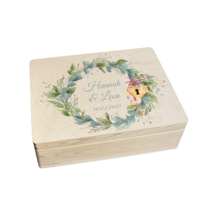 CHICCIE Erinnerungsbox personalisiert zur Hochzeit mit Druck farbig Kranz Blumen Gr&uuml;n Schloss &amp; Schl&uuml;ssel - Hochzeitstag Holzkiste Erinnerungen Erinnerungskiste