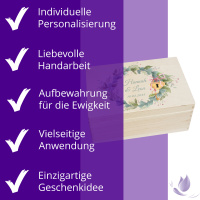 CHICCIE Erinnerungsbox personalisiert zur Hochzeit mit Druck farbig Kranz Blumen Grün Schloss & Schlüssel - Hochzeitstag Holzkiste Erinnerungen Erinnerungskiste