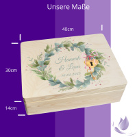 CHICCIE Erinnerungsbox personalisiert zur Hochzeit mit Druck farbig Kranz Blumen Grün Schloss & Schlüssel - Hochzeitstag Holzkiste Erinnerungen Erinnerungskiste